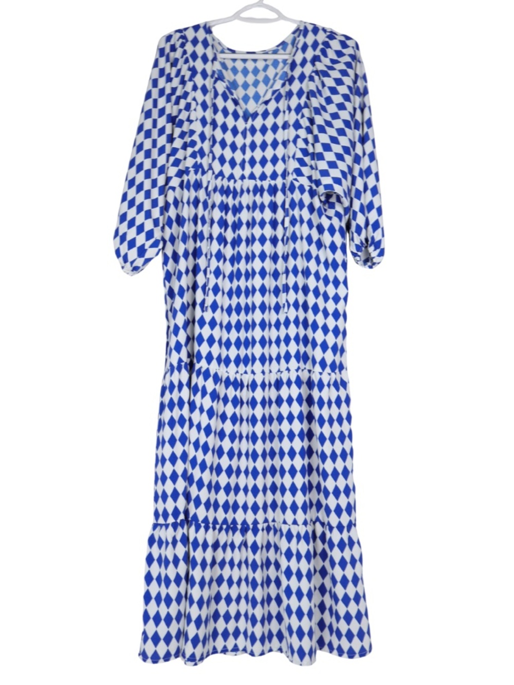 MIDUO Womens Medium Blue White Geometric Maxi Dress Tiered Boho Resor